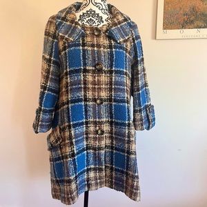 Vintage 60s Blue Tartan Plaid Boucle Textured Wool Pea Coat